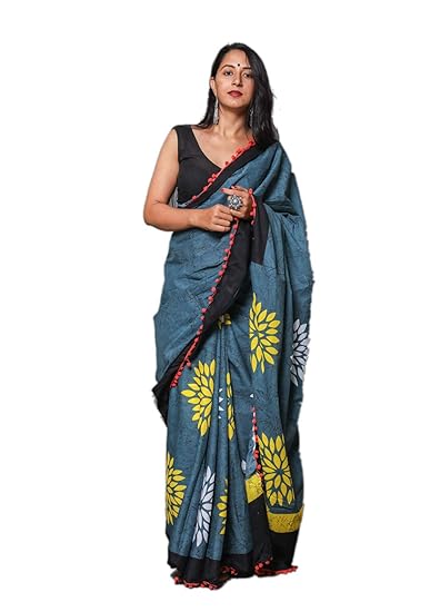 Woman Hand Block Cotton Mulmul Saree with Blouse (Jaipuri Print)