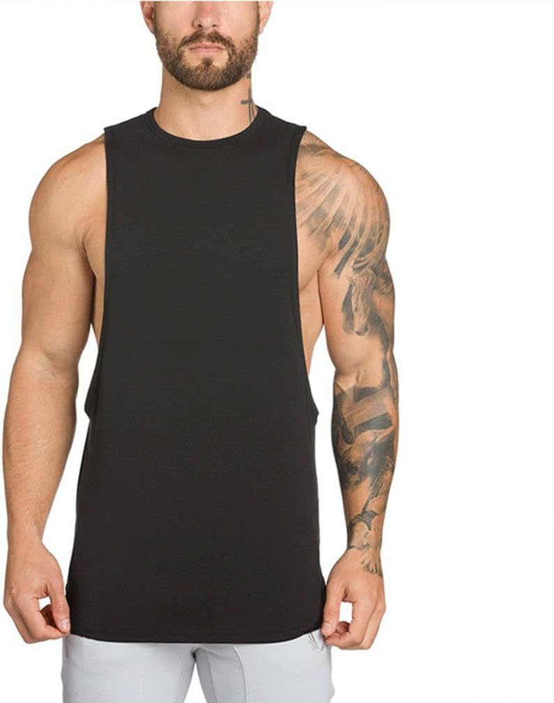 Elistelle Men's Sleeveless Fitness T Shirt with Dropped Arm hole Vest Tank Top,Black,L