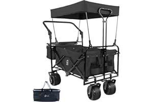NAPFOX Collapsible Wagon Heavy Duty Folding Wagon Cart with Removable Canopy, 4" Wide Large All Terrain Wheels, Brake, Adjustable Handles,Cooler Bag Utility Carts for Outdoor Garden Beach