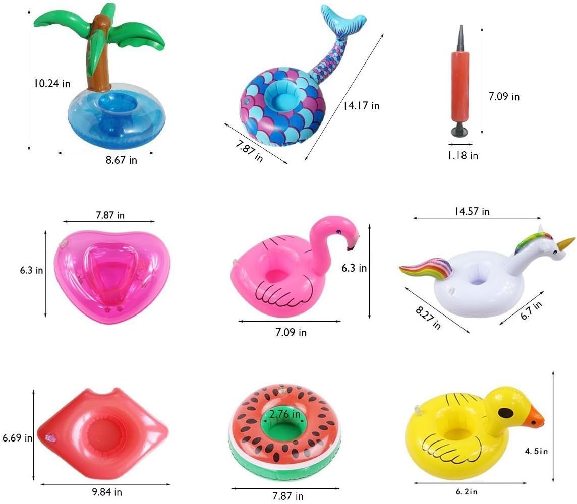 Inflatable Drink Holders,8 Pack with Mini Air Pump for Pool Party Water Fun,Unicorn,Flamingo,Pink Heart,Coconut Tree,Duck,Mermaid,Watermelon and Red Lips,Floating Coasters Party Cup Holders