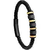 HAQUIL Braided Leather Men’s Black Gold Plated Steel Bracelet with Stainless Steel Charm | Ideal Father's Day Gift for Him