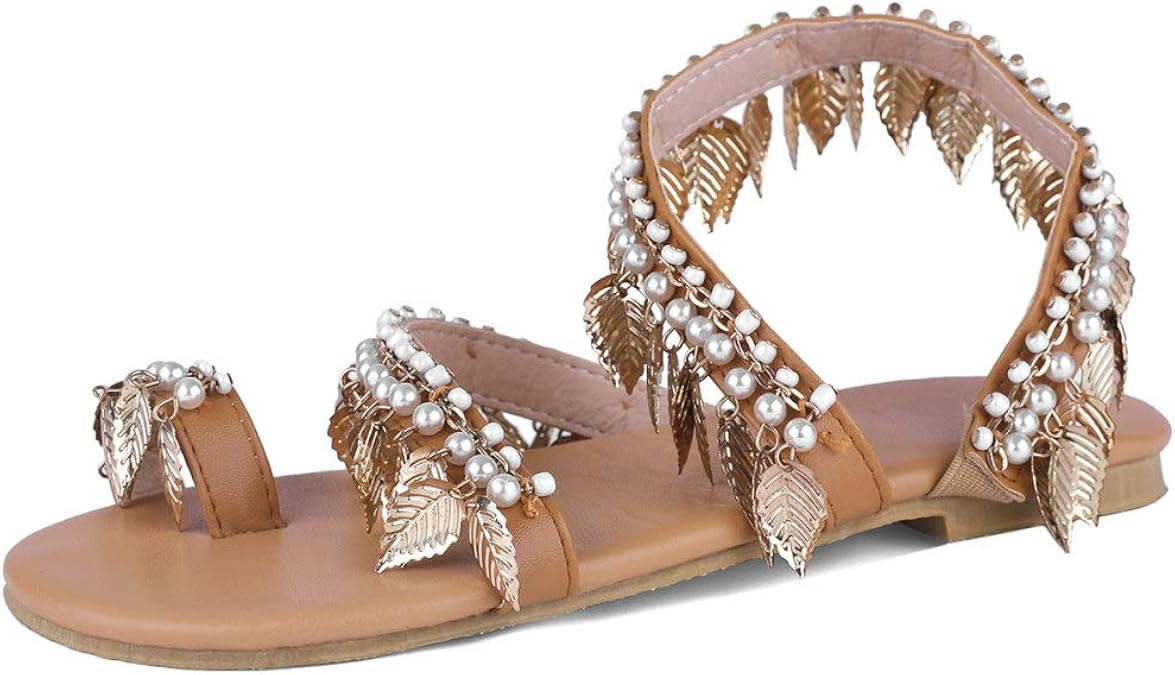 Amazon.com | Women's Beaded Metal Leaf Tassel Flat Sandals Ladies Fashion Clip Toe Summer Beach 