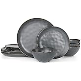 Famiware Dinnerware Sets for 4, Ocean Round 12-Piece Kitchen Plates and Bowls Sets, Microwave and Dishwasher Safe, Scratch Resistant, Matte Black