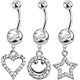 Xiaocmm Heart Smile Belly Button Ring Piercing 3Pcs 14G Surgical Stainless Steel Navel Piercing Jewelry Hypoallergenic Cute Star Belly Button Rings for Women