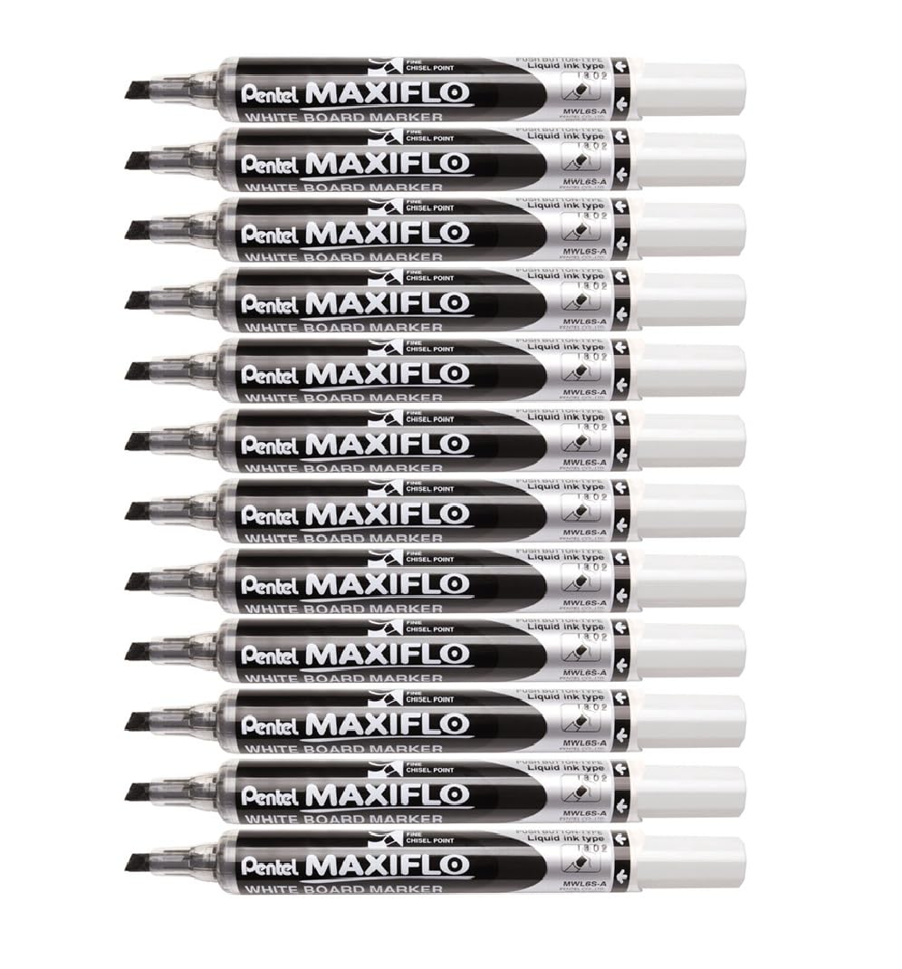 Pentel Maxiflo Dry Wipe Slim Chisel Tip Marker - Black (Pack of 12), MWL6S-A