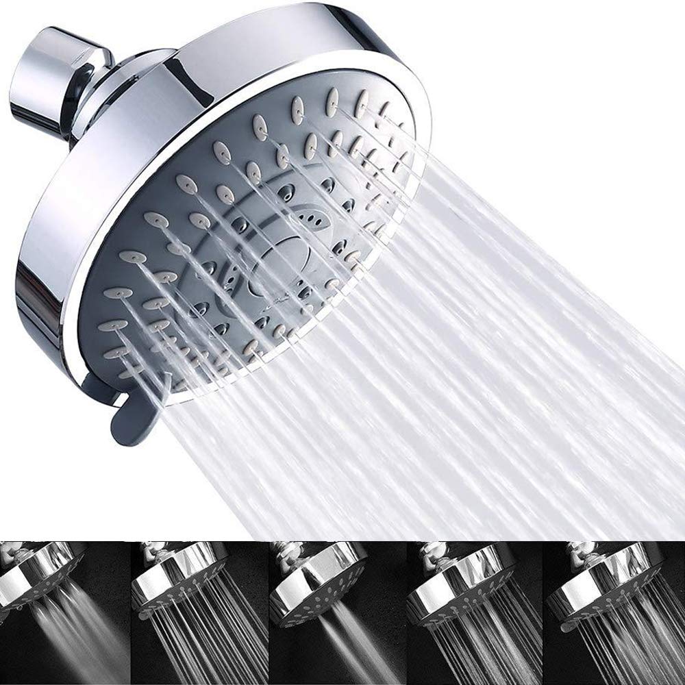 Kaxich Shower Head 4 Inch Rainfall High Pressure Showerhead 5 Spray Settings with Adjustable Metal Swivel Ball Joint, Fixed Mount