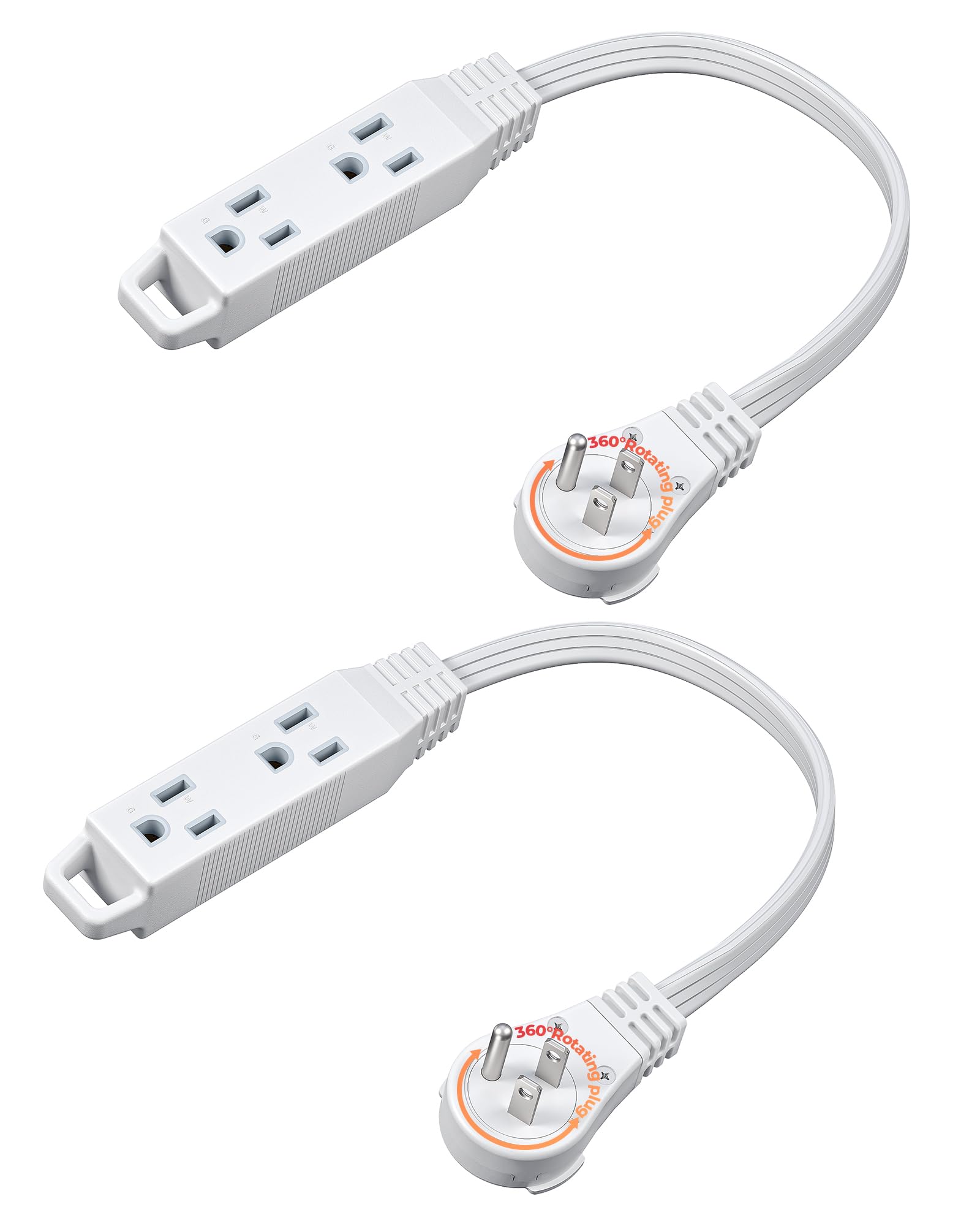 Photo 1 of DEWENWILS 1FT 360° Rotating Flat Plug Extension Cord/Wire, 16AWG Multi 3 Outlet Extension Cord, 3 Prong Grounded Wire for Small Appliances, 2 Pack, White