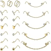 AccGin 20G Nose Rings Studs with Chain Piercing Across Double Nose Stud Nose Hoop Spike Heart Ball CZ Surgical Steel Nostril Piercing Jewelry for Women Men, Black Silver Gold