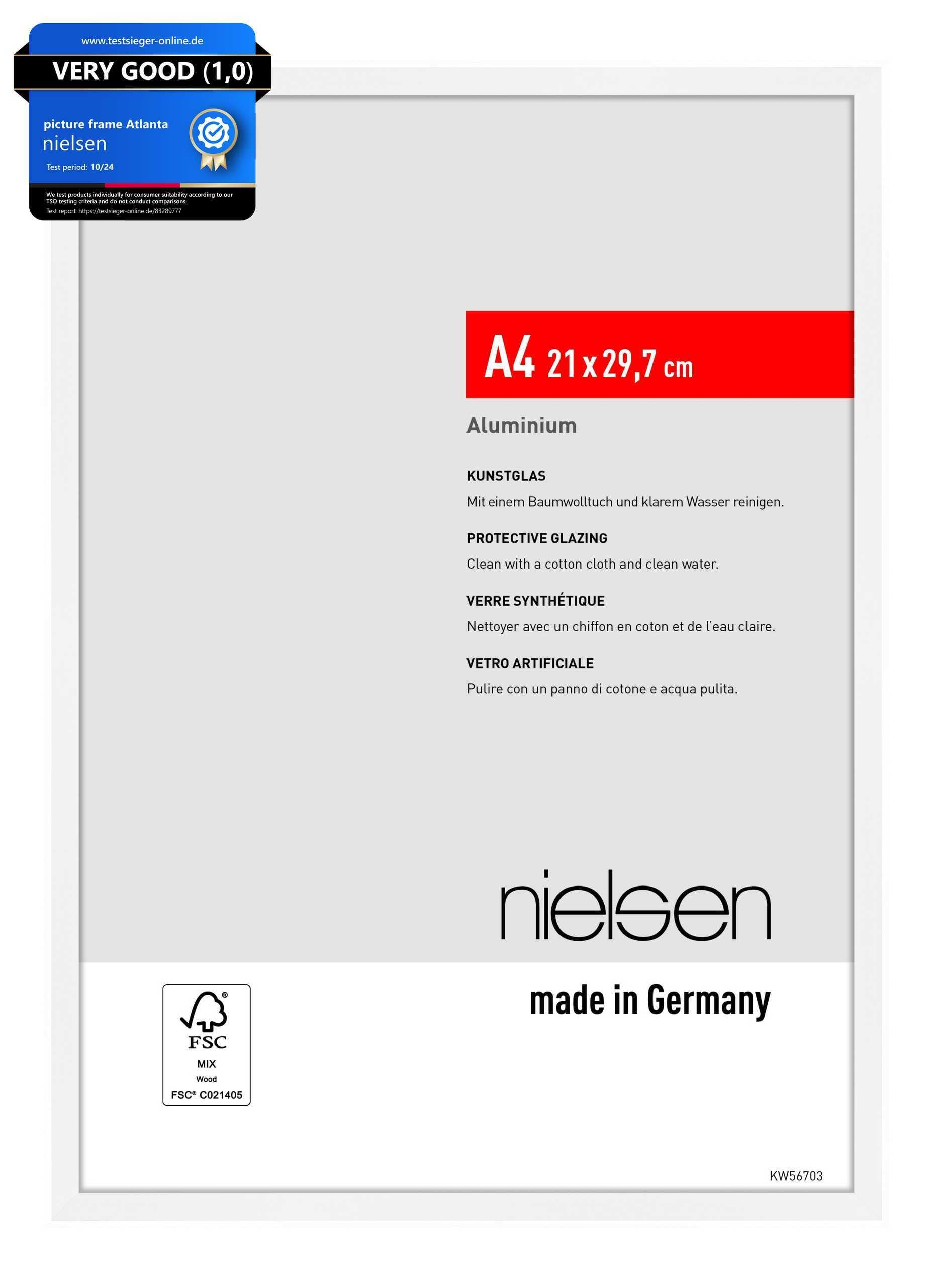 nielsen Atlanta Aluminium Picture Frame - Matt White A4, 21x29.7cm - with Synthetic Glass and Push-Turn Clips