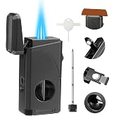 All in One Triple Jet Flame Torch Lighter Built-in Cutter, Cutter V Cut, Punch, Holder Function, Draw Enhancer Tool, Refillable Windproof Butane Lighter, Mens Gifts. Grey(Sold Without Gas)