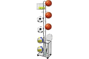 FAGIGY 7 Tier Ball Storage Rack, Basketball Holder, Garage Sports Equipment Organizer with Basket & Hooks, Basketball Rack for Indoor/Outdoor, Ball rack for Basketballs Footballs Volleyball, Black