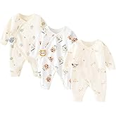 IADOER Newborn Baby Romper - Unisex Cotton Bodysuit for Infant Baby Boys Girls 3 Pack Long Sleeve Button Solid Jumpsuits