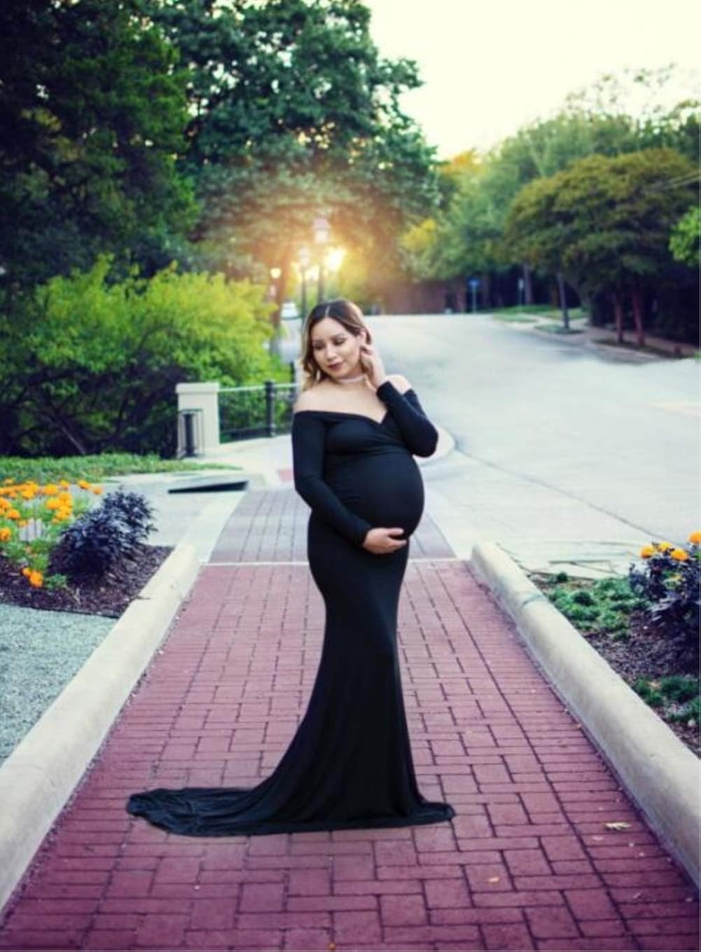 ZIUMUDY Maternity Fitted Gown V Neck Ruched Off Shoulder Long Sleeve Maxi Photography Dress at  Women’s Clothing store
