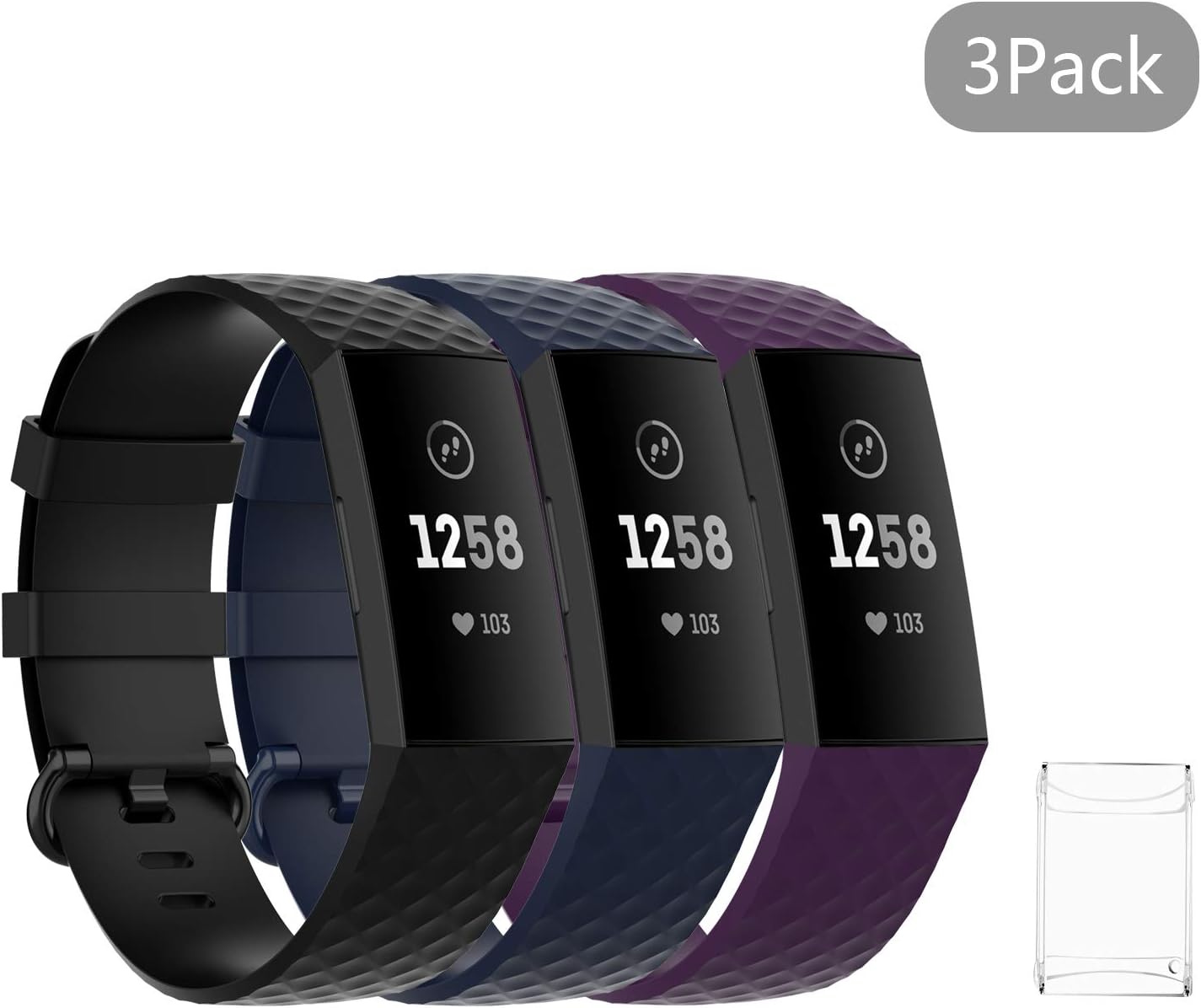 (3 Pack) Seltureone Sport Band Compatible for Fitbit Charge 4 / Fitbit Charge 3 / Charge 3 SE Bands, with Extra One Clear Case, Replacement Silicone Wristband Strap for Women Men Small Large