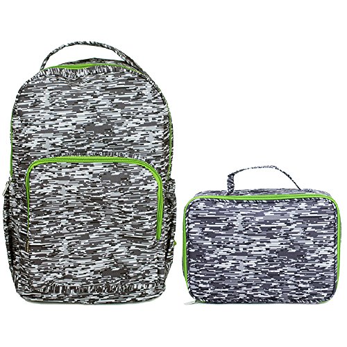 Pixelated White Noise Grey Lines Reinforced and Water Resistant Backpack and Lunch Bag Tote 2 Piece Set