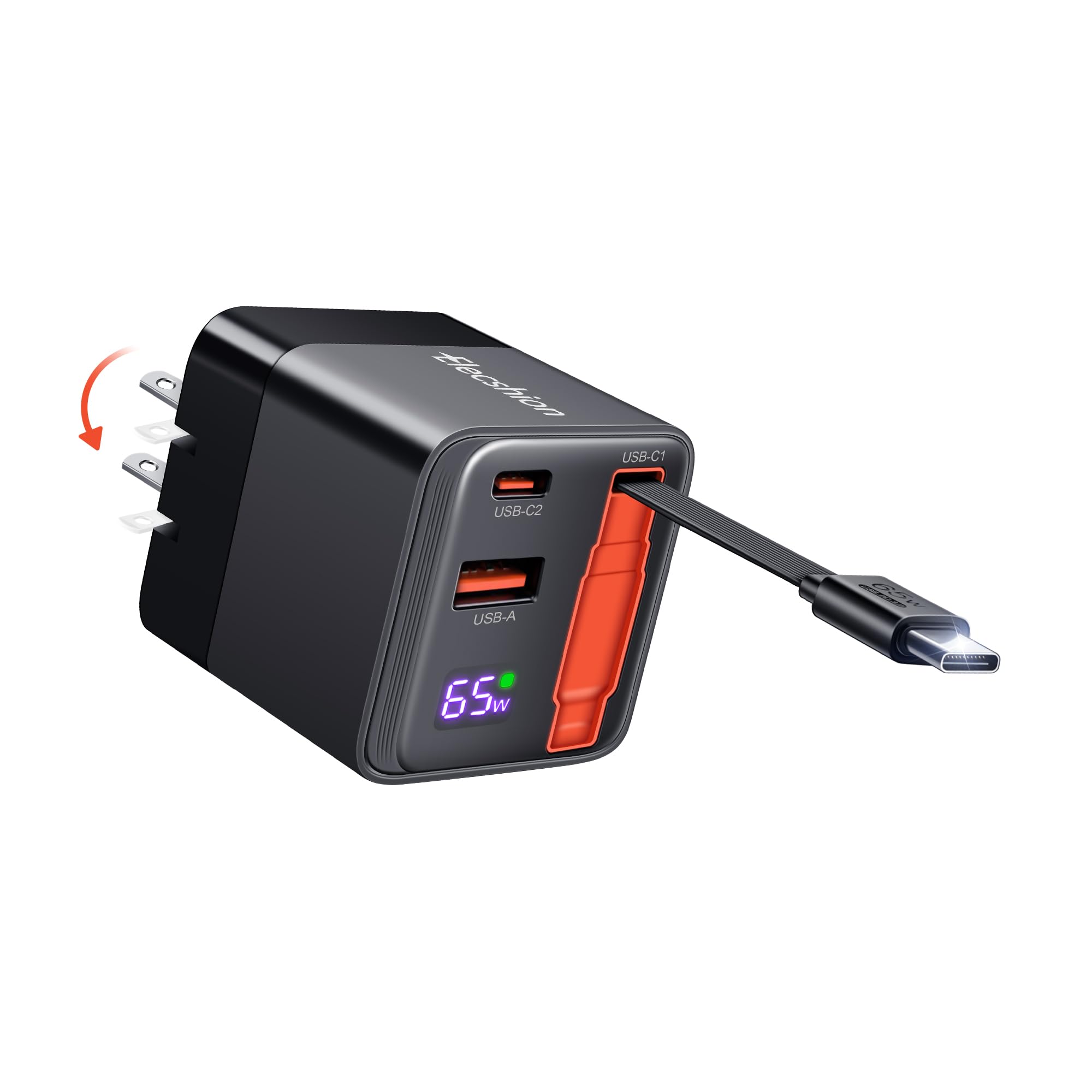 65W Retractable USB C Charger Block (GaN 3), PD PPS Fast Charging Foldable Wall Charger with Retractable Type C Cable + 2 Port for MacBook Pro/air,Lenovo IdeaPad, iPad,iPhone 15,Galaxy S24 (Orange)