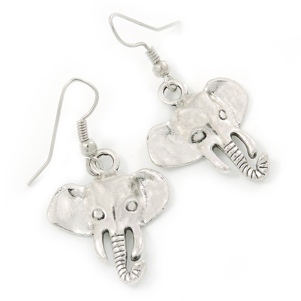 Elephant Head Drop Earrings/Silver Tone/ 40mm L