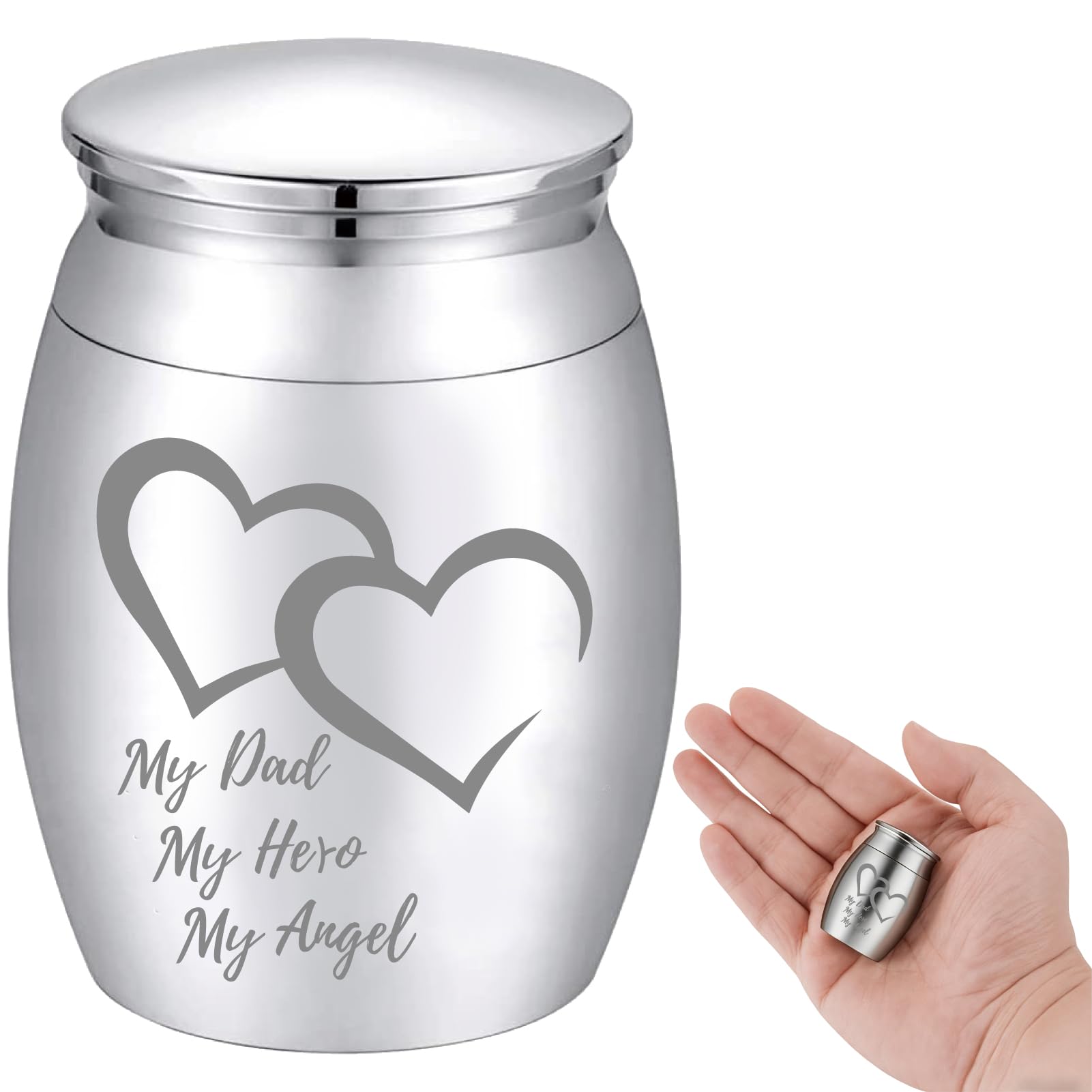 CREATCABIN Small Keepsake Urn Mini Cremation Urns Ashes Holder Heart Miniature Burial Funeral Container Jar Engraving Stainless Steel for Family Memorial Silver 1.57x1.18Inch-My Dad My Hero My Angel