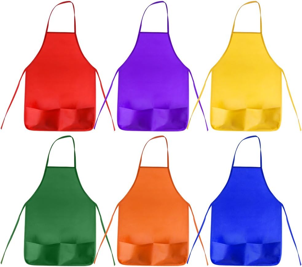 KUUQA 12 Pack 6 Color Kids Aprons Children Painting Aprons Kids Art Smocks with 2 Roomy pockets for Kitchen and Classroom (brushes not included) - Image 3