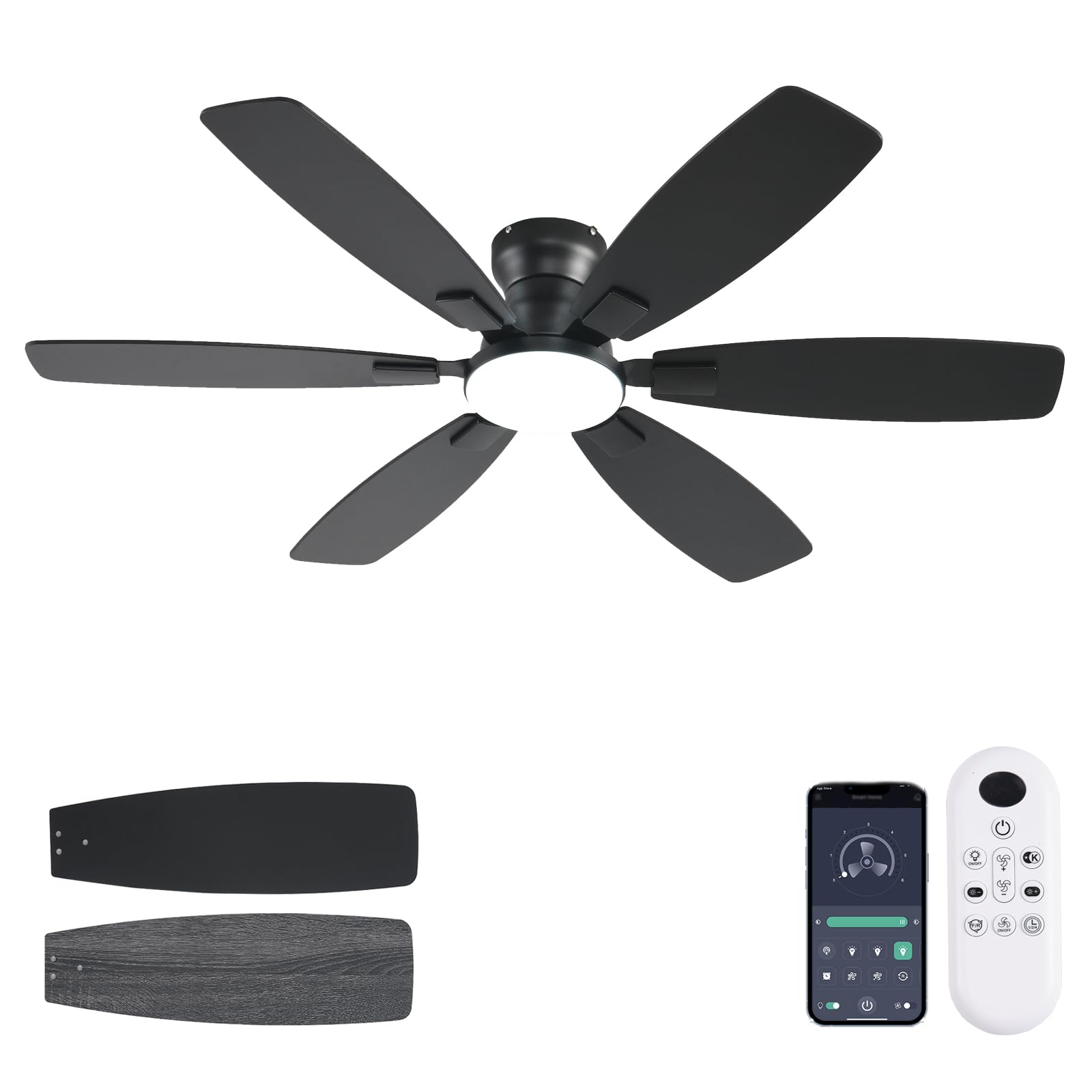 Photo 1 of Ayaoty Ceiling Fans with Lights, 52 Inch Low Profile Ceiling Fan with Light and Remote Control, Flush Mount, Reversible, 3CCT, Dimmable, Quiet, Black Ceiling Fan for Bedroom Indoor/Outdoor Use