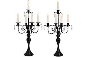 LANLONG 2Pcs Candelabras Centerpieces for Tables, 20" Tall Candlestick Holder for Taper Candles, 5 Arm Crystal Candelabra Candle Holder for Wedding Centerpiece Decor Party Event Reception Decoration (Black)