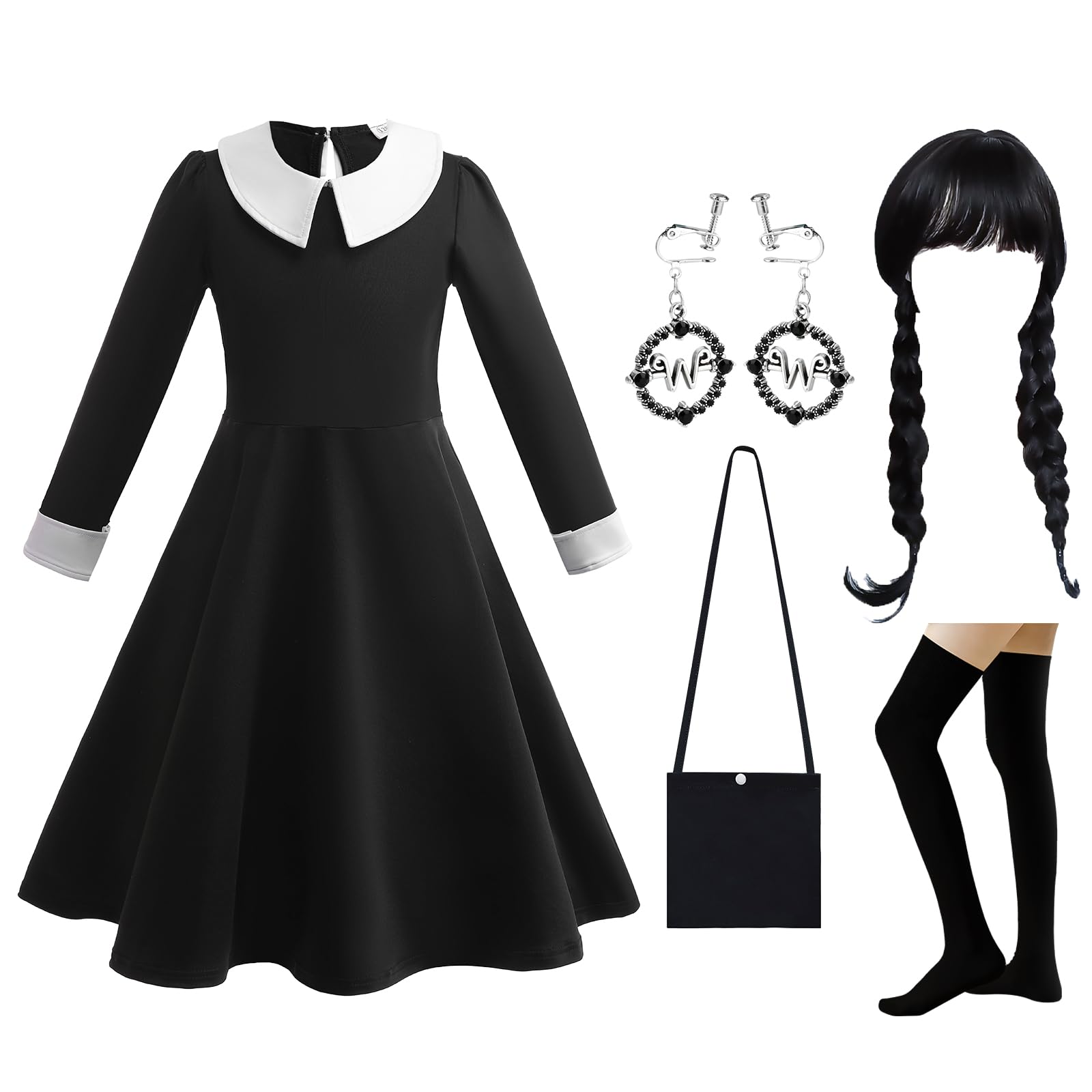 Gothic Dress Up Outfit for Kids, Cosplay Costume with Wig, Belt, Socks, Earrings - Halloween, Carnival, World Book Day Costumes for Girls 2-11