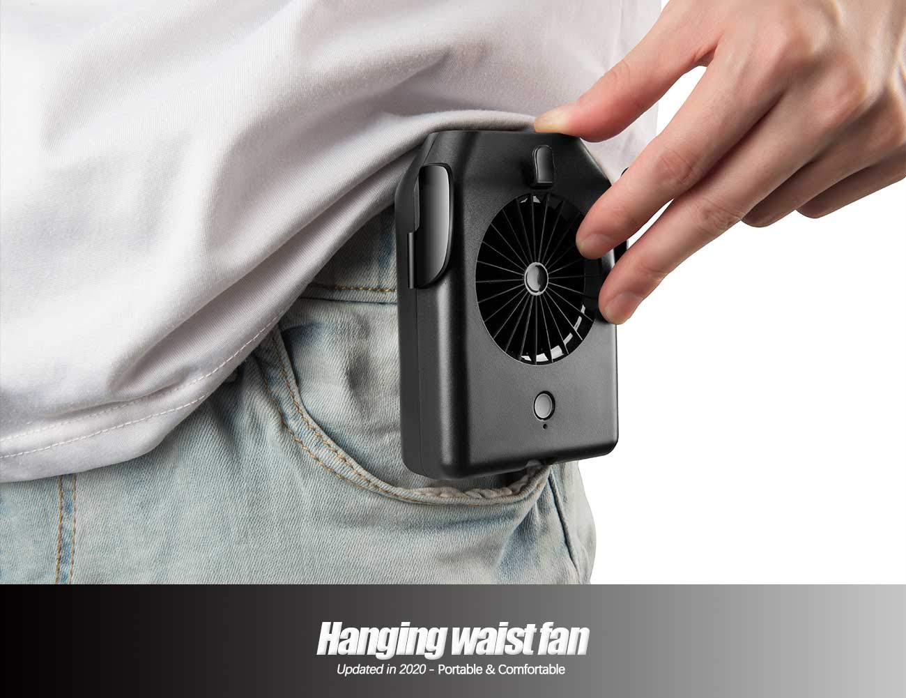 Viniper Waist Clip Fan, Portable Necklace Fan : 5-22 hours Work, 3 Speeds, Rechargeable Battery Operated & Personal Waist Fan Suit for Sport, Work Outdoor (Black)