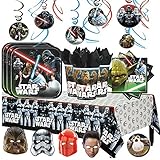 Star Wars Classic Mega Deluxe Birthday Party Supply Pack for 16 with Plates, Napkins,Cups, Tablecover, Hanging Swirl Decorations, Star Wars Themed Masks, and a Porg Inspired Pin