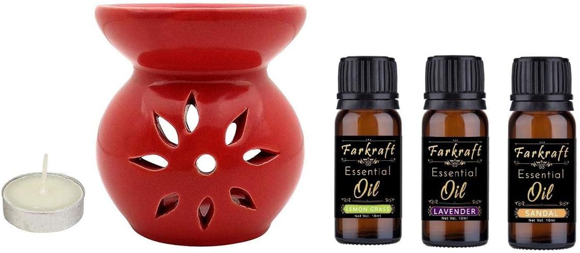 FnP CL Ceramic Aroma Diffuser with Tealight Candle ( Fragrance : Lemongrass, Lavender and Sandal, Red)