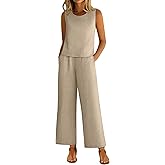 Ficerd Women 2 Piece Summer Outfits Linen beach Set Round Neck Sleeveless Crop Tank Tops Elastic High Waist Cropped Pants (Khaki,XX-Large)