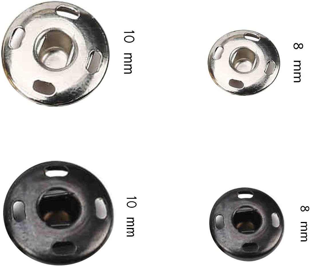 Kenkio 120 Sets Sew-on Snap Buttons Metal Snaps Fasteners Press Studs Buttons for Sewing, 8 mm and 10 mm, Black and Silver