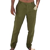 Runcati Mens Casual Pants Elastic Waist Linen Lightweight Straight-Legs Loose Fit Summer Beach Yoga Trousers