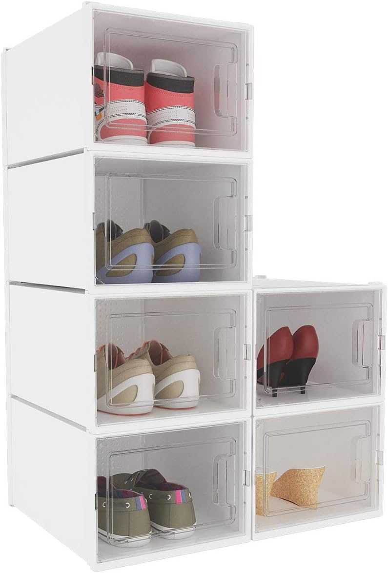 20 pair stackable shoe storage cabinet on Yitahome Shoe Box Set Of 6 Shoe Storage Organizers Heavy Duty Stackable Clear Shoe Storage Box Rack Clear Drawer Black Medium Size Home Kitchen Kolenik Boot Shoe Boxes