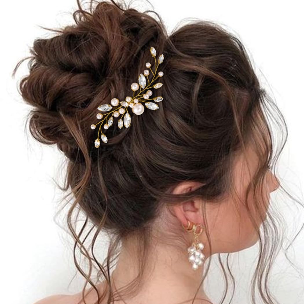 Photo 1 of JAKAWIN Pearl Bride Wedding Hair Pins Silver Bridal Hair Clip Accessories Rhinestone Hair Piece for Women HP179 (2 Gold)