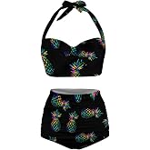 Annejudy Women Two Piece Bikini Set Swimsuit Halter Ruched High Waist Bikini with Bottom