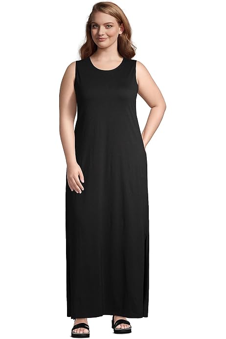 Lands' End Womens Cotton Jersey Sleeveless Cover-up Dress Colorblock Black  Multi Paisley Floral Petite X-Small at Amazon Women's Clothing store