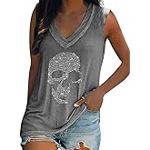Fronage Women's Rhinestone Skull Tank Tops Loose Graphic V Neck Sleeveless Tee Shirt