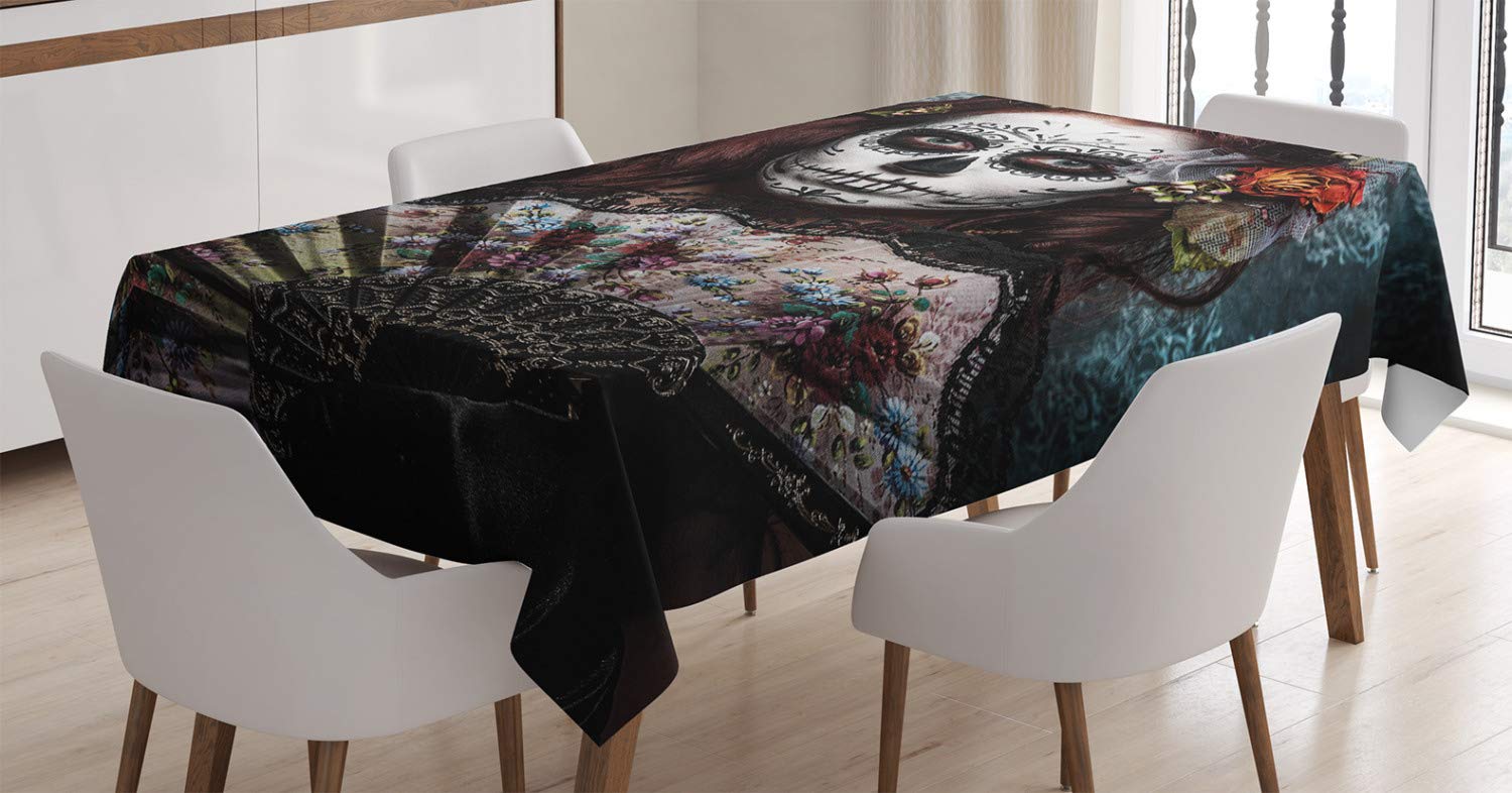 ABAKUHAUS Day of the Dead Tablecloth, Make up Artist Girl Skull Scary Roses Artwork Print, Dining Room Kitchen Rectangular Table Cover, 54 W X 66 L, Cadet Blue Maroon