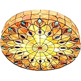 Fandian Tiffany Ceiling Light Hand-Made Colorful Chandelier Flush Mount Lighting Fixture, Lampshade with Colorful Design Deco