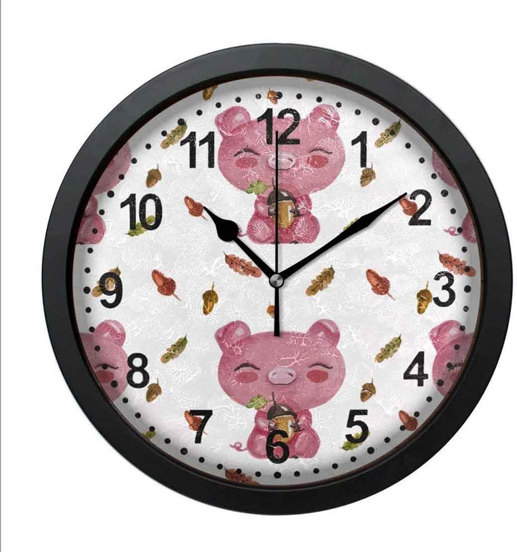 SanJIUCOM Lovely Pigs Round Wall Clock Non Ticking Silent Decorative Wall Clock for Kitchen Office School 10in With Frame