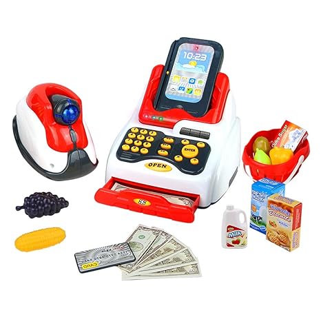 Spielkasse Supermarktkasse Rollenspiel Spielkasse mit 18 Stück Zubehör Kaufladen Kasse und Klingt Scanner Geburtstags Geschen
