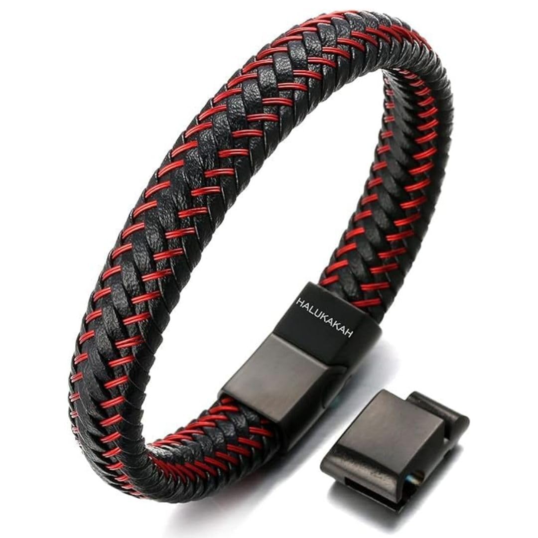 HALUKAKAH Plus ● Jazz ● Men's Genuine Leather Bracelet Titanium Magnetic Clasp Size Adjustable 8.5"-9"(21.5-23cm) with Free Giftbox(Red) — image 1