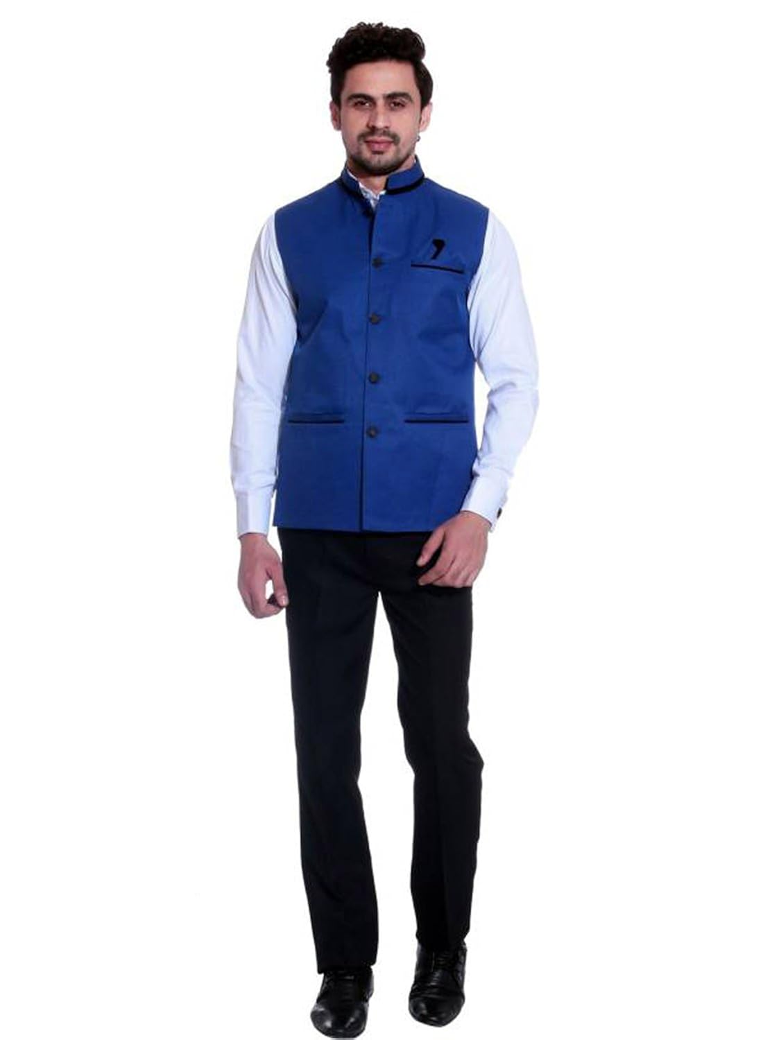 ssb cotton blend solid blue nehru waistcoat jacket for men's