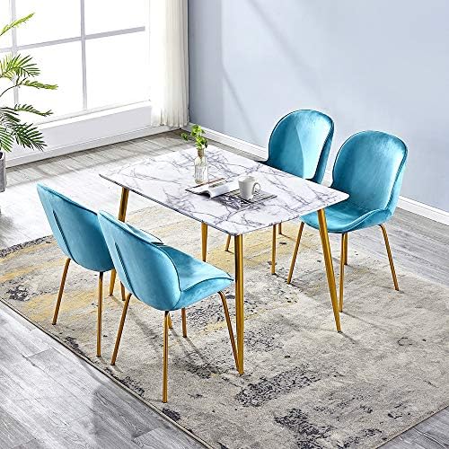 LUXES Rectangle MDF Dining Table Set and 4 Velvet Fabric Dining Chairs Metal Leg Imitation Marble Tabletop
