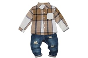 TAGYUM Toddler Baby Boy Clothes Infant Denim Outfits Flannel Plaid Button Shirt Pockets Ripped Jeans Pants 2 PCS Clothing
