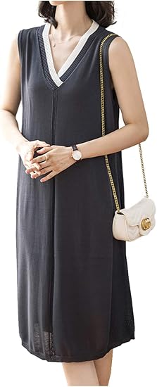 Amazon Co Jp ワン アンブ 在庫処分セール ノースリーブ ニット ワンピース Vネック 透け感 フォーマル パーティ M L レディース プレミアムライン 服 ファッション小物