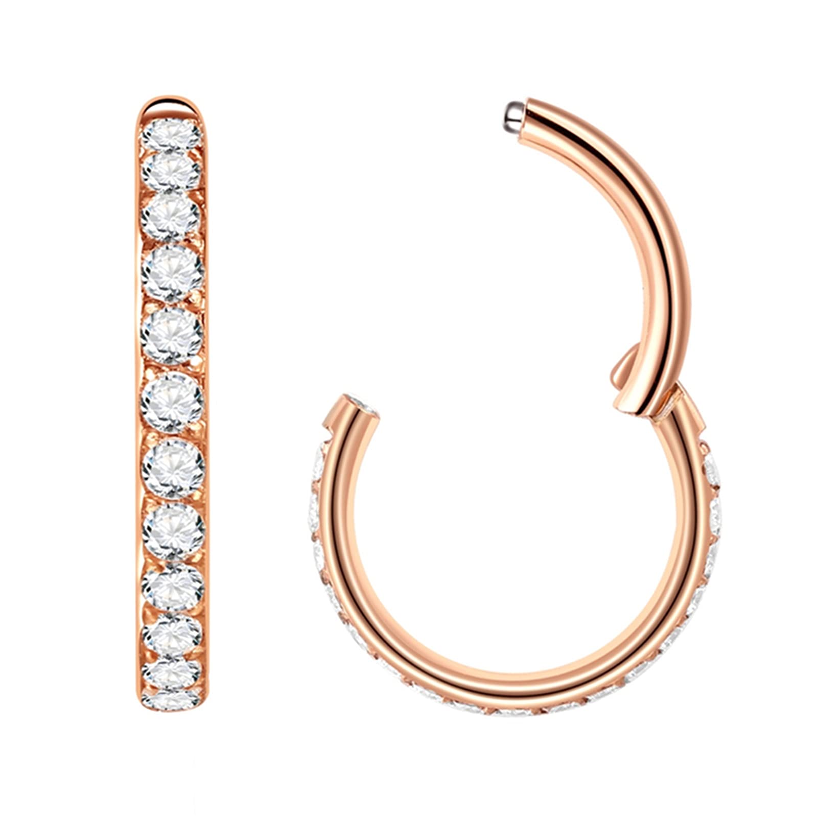 16g Hoop Nose Rings with Zircon CZ 8mm 16 Gauge Nose Ring Hoop Rose Gold Septum Clicker Jewellery 316L Surgical Steel Body Piercing for Cartilage Earring Helix Ear Lobe Daith Rook Conch Tragus