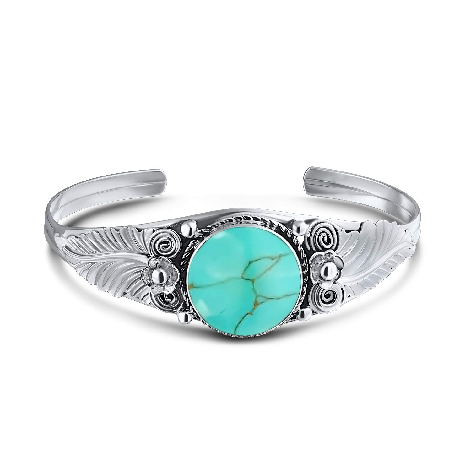 Bling Jewelry Nature Leaf American Indian South Western Navajo Style Flowers Round Cabochon Statement Turquoise Wide Cuff Bracelet For Women .925 Sterling Silver
