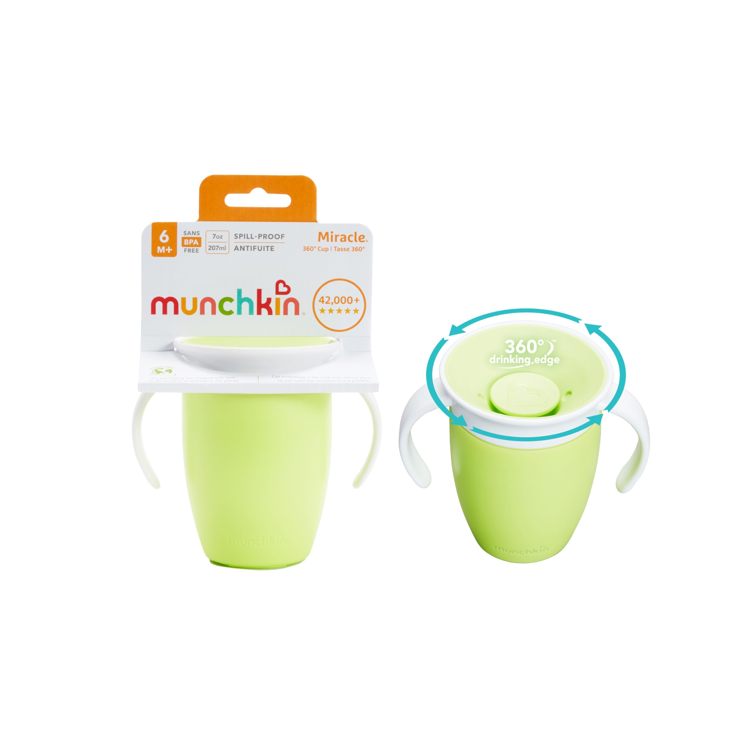 Munchkin Miracle 360 6+ Months Baby Sippy Cups | Free Flow Beaker for Toddlers |Trainer Cup | BPA-Free | Spill-Free | Baby Water Bottle with Easy-Grip Handles | 207ml | 2 Pack | Green