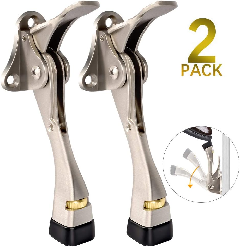 Door Stopper, 2 Pack 4-Inch Kickdown Door Stop, Door Stop, Door Kickstand, Door Stopper Hinge, Metal Door Stopper with a Non-Slip Rubber Tip for Heavy Door, Garage Door, Wood Floor